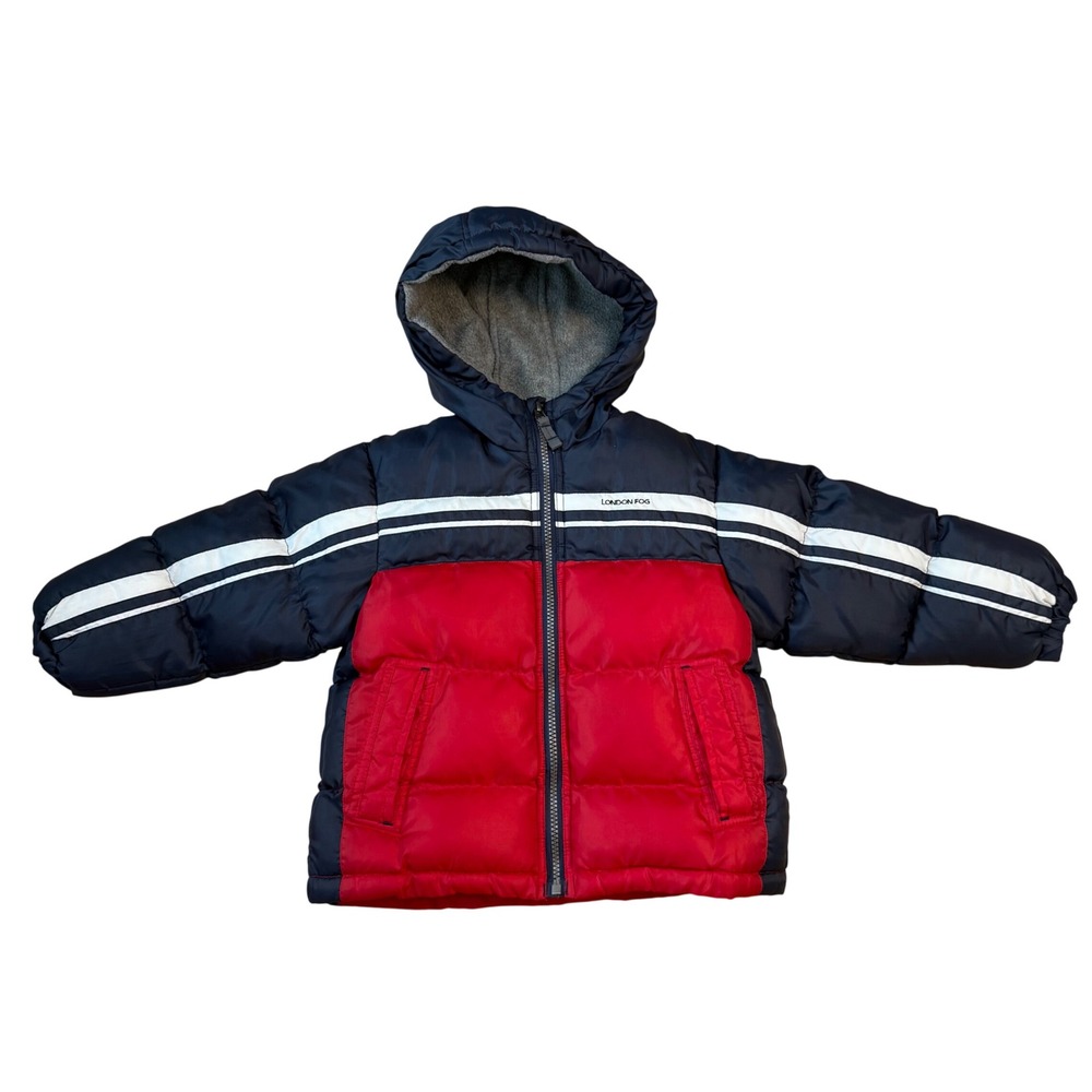 Kids London Fog Puffer Jacket Hooded Red Navy White Stripe Size 4